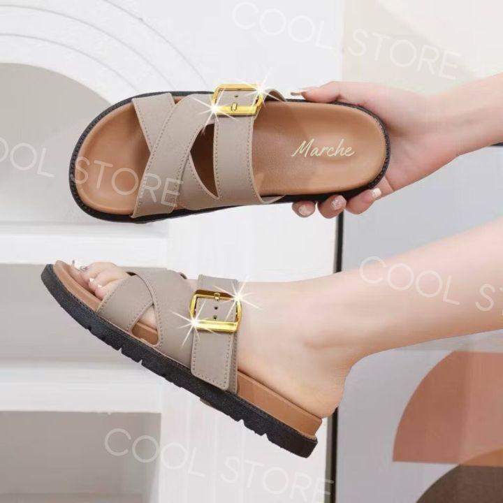 Cool Store Flat Slippers Women's Comfort Daily Wear Rubber Slippers Open-Toes Cross Strap With Adjustable Gold Buckle Slippers For Women Girl Flipflop Walking Shoes (+1 UPSIZE BIGGER)