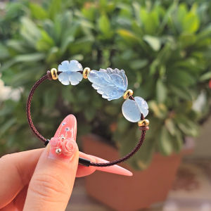 Vòng tay cỏ 4 lá hồ ly chúa túi tiền Aquamarine chất vừa xanh vừa trong dây cáp cho mệnh Thủy và Mộc - Phong Thủy TUDO