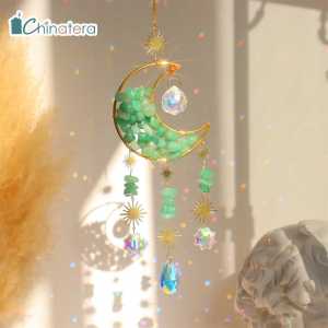 Chinatera Crystal Wind Chime Ornament Natural Stone Moon Hourglass Hanging Pendant Prism Light Catcher Rainbow Maker Window Windchime Home Garden Decor