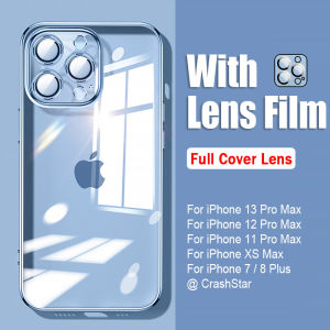 【 With Lens Film 】 CrashStar Shockproof Plating Clear Phone Case For iPhone 15 14 13 12 11 Pro Max Mini XS XR X 8 7 Plus + SE 2020 With Lens Films Protection Phone Casing Simple Transparent Soft Phone Cover Shell Top Seller