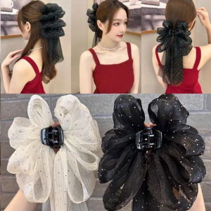 Diamond-Studded Mesh Bow Grab Clip Back Head Hair Shark Clip High-End Feeling Temperament Hair Clip