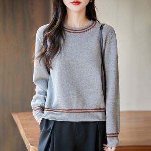 Autumn and Winter Womens 100% Pure Cotton Sweater Casual O-Neck Knitted Pullover Loose Color Matching Hot Selling Womens Top2026
