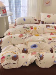 Four-Piece Set ins Washed Cotton Cute Childrens Bed Sheet Quilt Cover Bear Simple Style Single Student Dormitory Three-Piece Set LZD