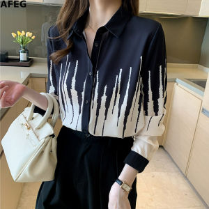 AFEG new Korean style fashion casual loose all-match printed chiffon long-sleeved blouse for women