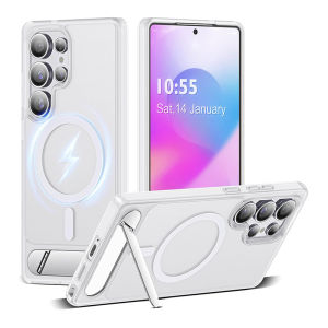 Hidden Stand Magnetic Phone Case For Samsung Galaxy S25 / S24 / S23 Ultra Plus For MagSafe Translucent Hard Back Cover With Holder For S25 Ultra Military Shockproof Protection Casing