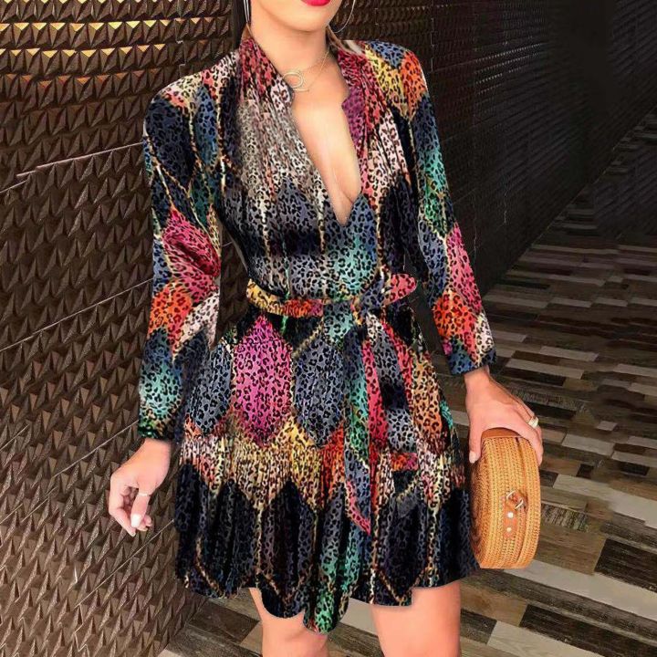 Vintage Print Women Club Party Dress Ladies Casual V Neck Long Sleeve  Bandage Dresses Slim Shirt Dress Lazada PH