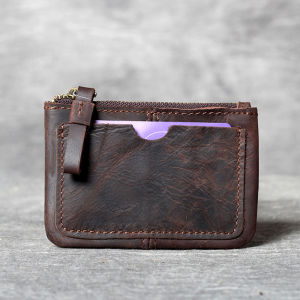 Retro Crazy Horse Genuine Leather Mens Short Purse Small Wallet Slim Handmade Zipper Drivers license Key Coin Holders Pocket Pouches