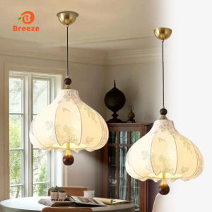 Hanging Light White Printing Fabric Pendant Light Brass Chandelier for Dining Living Room Bedroom