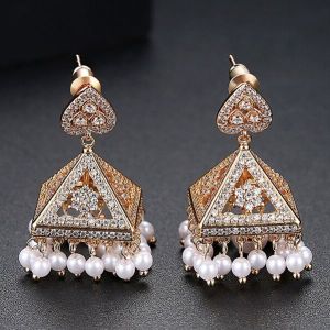 SEQUITO Exclusive Design 585 Gold Plated Heart Triangle Drop Full Micro Inlaid Tiny Zirconia with White Pearl Tassel Earrings Woman Noble Jewelry for Banquet SE619