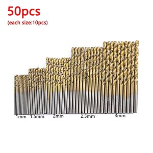 SJJL 50Pcs/Set 1/1.5/2/2.5/3mm Twist Drill Bit Set High Speed Steel Titanium Coated Woodworking Hole Opener Durable Wear Protection Precision Boring Tool Metal Wood Aluminum Drilling