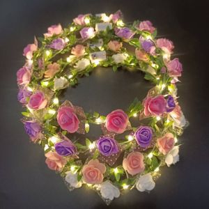 NOBLELYN Adjustable Simulation Flower Wreath Rose Flower LED Light Headband Shining Flowers Garland Hair Accessories
