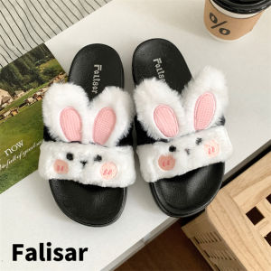Falisar รองเท้าเเตะแฟชั่นผู้หญิง ขนเฟอร์หูกระต่าย งานปักอย่างดี รุ่น กันหนาว 1768-4