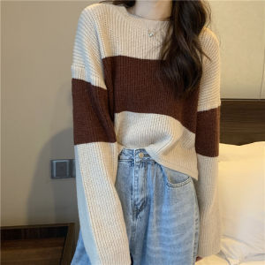 Korean Style Round Neck Matching Color Knitted Striped Shirt Women Long Sleeve Sweater