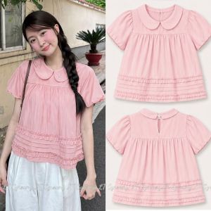 Áo tiểu thư form babydoll chất Gió Nhăn cổ sen tay bồng phối vạt nhún bèo dễ thương