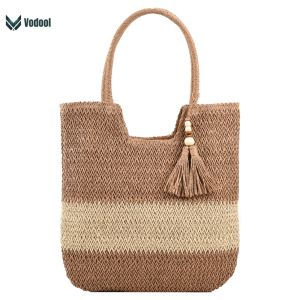 Hand-Woven Handbags Contrast Color with Tassels Beach Vacation Bags Large-Capacity Handmade Fashion Casual Simple for Seaside Holiday [UEB Vodool]