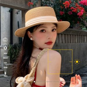 TIMIA Wide Brim Straw Woven Hat Flat Brim Korean Style Womens Sun Hat Simple Concave Top Sunscreen Bucket Hat Ladies