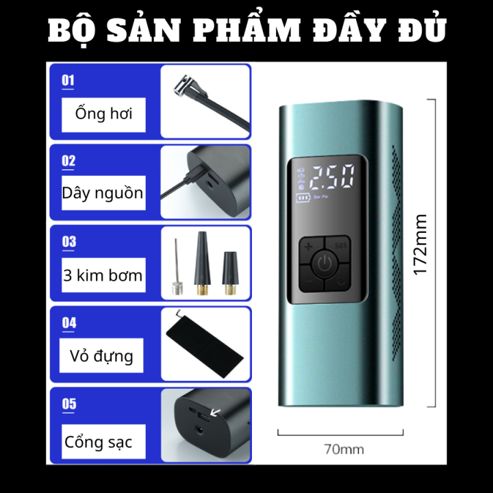 Bơm lốp xe ô tô mini 5 trong 1 lực nén tới 150PSI lưu lượng khí 45L/phút, có thể bơm ô tô xe máy xe đạp và các loại bóng...