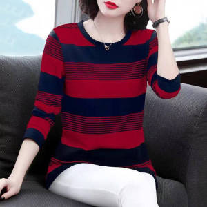 Aki20 Blouses for Women Large Size T-shirt Women 2024 New Design Korean Style Slim All-match Bottoming Shirt Round Neck Long Sleeve Striped Top Blouse Women Fashion 2024 Blouses for Women Styles 2024 Baju Perempuan