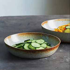 Omk phong cách cổ điển thô gốm thủ công sâu tấm bộ đồ ăn bằng gốm Bát đựng sa lát