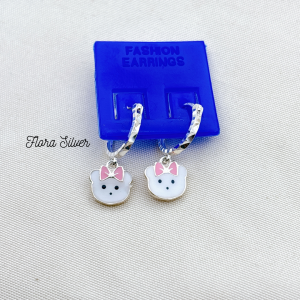 FLORA 0227B - Bông tai bạc ta hình gấu đeo nơ màu xanh vàng xanh da trời hồng dành cho bé gái