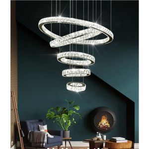 Đèn Thả Trần - HG Lighting - Đèn Thả Trần 5 Vòng Hoạ tiết Pha Lê Trang Trí Phòng Khách - Đèn Thả Cầu Thang Sang Trọng Hiện đại - 3 chế độ ánh sáng khác nhau - Có điều khiển từ xa - Bảo hành 12 tháng