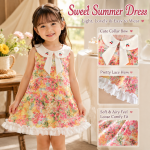 AILEBE Kids Dresses Sleeveless Lace Trim Dress With Cute Collar Soft Breathable 100% Lightweight Summer Wear Loose Comfy Fit Perfect OOTD Pambahay For Baby Girls 0-13 Years Great For Parties School Daily Outings