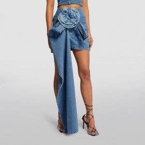 Summer New 3D Rose Blossom Denim Half Skirt Simple Retro Blue Short A-line Womens Denim Skirt