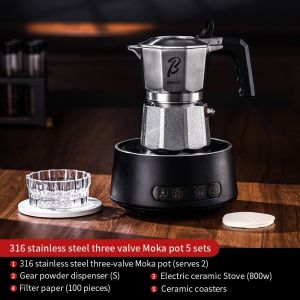 BINCOO หม้อโมก้าสแตนเลส316 3วาล์วกาต้มน้ำเครื่องชงเอสเพรสโซ่ชงขนาดเล็กที่บ้าน