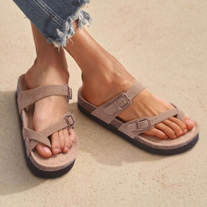 Comwarm Classic Womens Cork Sandals Thick Sole Open Toe Summer Sandals With Adjustable Buckle Cow Suede Flats Beach Sandals