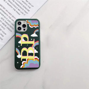 Rainbow Personalised Initials Pebble Grain Leather Phone Case for iphone 14 13 15 16 17 Pro Max 14 15 16 Plus Cover Custom Cases
