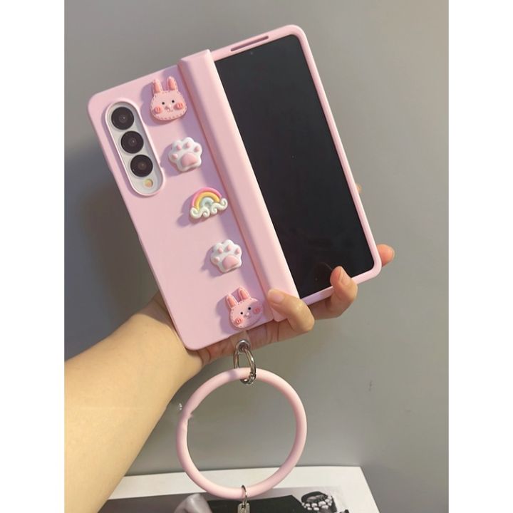 For Samsung Galaxy Z Fold zfold5 zfold4 zfold6 5G DIY Fashion Girl  Cute Cartoon Rabbit Rainbow Portable Bangle Big Hang Ring Hinge Pink Matte 