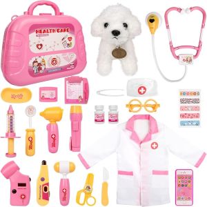 Meland Toy Doctor Kit for Girls - Pretend Play Doctor Set with Dog Toy Carrying Bag Stethoscope Toy & Dress Up Costume - Doctor Play Gift for Kids Toddlers Ages 3 4 5 6 Year Old for Role Play