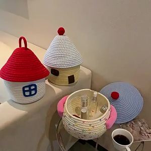 Desktop Storage Basket Woven Storage with Lid Cotton Thread Snacks Living Room Coffee Table Yarn Toys TV Cabinet Storage Basket