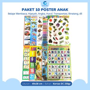Paket Edukasi Anak 10 Poster Dinding Belajar Edukasi Angka Latihan Membaca Huruf Hijaiyah Angka Hewan Buah Transportasi Tank Iqra