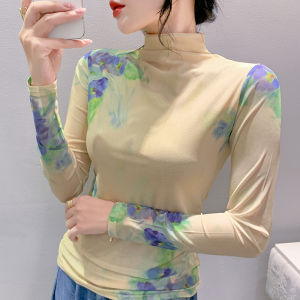 Ammin 2024 Áo Thun Dài Tay ngoại cỡ thời trang cổ bán cao đơn giản Xuân/hè áo thanh lịch in hoa bẩn thường ngày cho Nữ