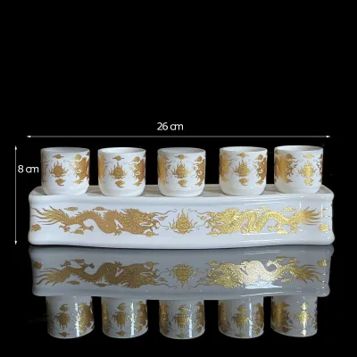 Bộ Thờ Cúng 2128 Bình Lư Dĩa Chun Án Rồng Trắng Bằng Sứ Cao Cấp - Phật Giáo Tường Thuận