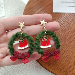 POUKL Retro Mistletoe Christmas Earrings Bowknot Resin Advent Wreath Ear Cuffs Fashion Ear Clip Plush Xmas Pendant Christmas