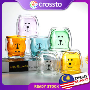 CROSSTO Double Wall Glass Cup Cute Bear Milk Coffee Glass Cup Mug Double Layer Glass Tea Cup Heat Resistant multicolor