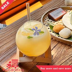 [COD] Cocktail Glass Cup With Wood Stand Creative Bar Glassware Drink Cup Ronud Ball Cocktail Mug Fruit Moon Juice Tumbler