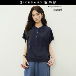 GIORDANO Women Blouses Pintuck Placket Loose Blouses Round Neck Dolman Sleeve Fashionable Casual Blouses 18346816