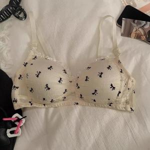 ZEEMIN Sweet Bow Tie Underwear Womens Small Bust Without Steel Ring Lace Bubble Japanese Style Anti-saggingThin and Breathable Bra