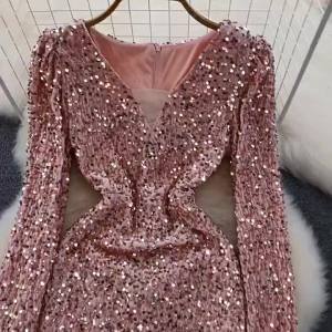 sequin dress party outfit for Woman formal Glitter gown Dresses sparkle tail Long Sleeve V neck blue black white AIXIN㏇X0407