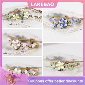 【LAKEBAO】 Handmade hướng dương lá Vòng đeo tay gốm Boho điều chỉnh đồ trang sức cho phụ nữ cổ điển dân tộc Quà Tặng