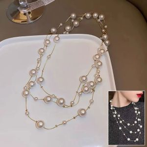 CHUAN 1Pcs Elegant Temperament Layered Pearl Chain Multi-layered Long Pearl Necklace Fashionable Sweater Chain Womens Jewelry Accessories