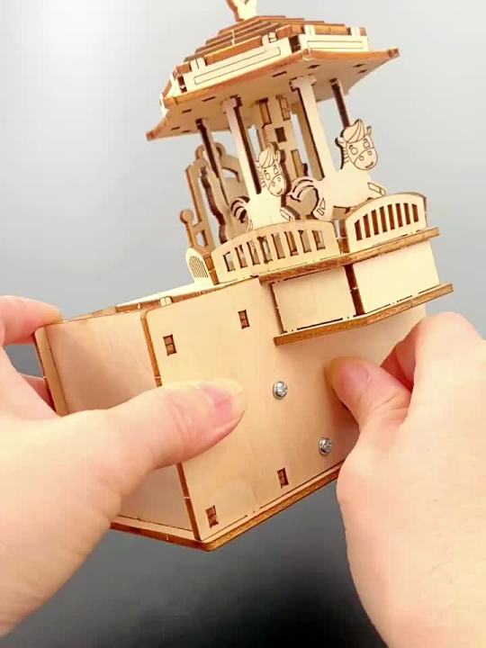 3D Wooden Puzzle Toy Handmade Three-Dimensional Assembly Model Carousel Music Children Puzzle Building Blocks Wholesale
