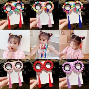 Set 2 Dây Cột Tóc Đính Bóng Lông Tua Rua Kiểu Trung Hoa Dễ Thương Cho Bé