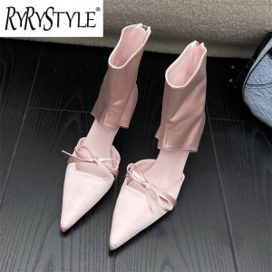 ซิปข้างส้นเท้าบางของผู้หญิงรองเท้าบู๊ตเด็กผีเสื้อปลายแหลมรองเท้าแตะ PU ฤดูร้อนมีซิปสีชมพูกลางน่องสำหรับงานปาร์ตี้