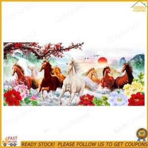 [Fast Delivery] Cross Stitch Embroidery Complete Set with Materials Animal Running Horse Embroidery Canvas Cotton Thread 11CT DIY Needlework Craft Home Decor 45x100cm