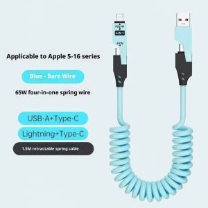 SEA JJT 65W Four-in-One Spring Fast Charge Data Cable for USB-A Type-C Lightning Dual Output Car Charging Cable