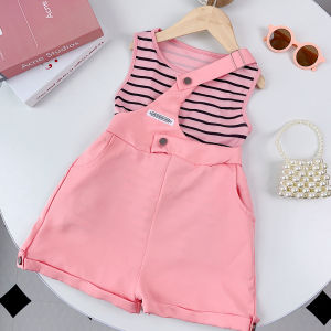 Bear Leader cô gái phù hợp với 2023 thời trang mới trẻ em phù hợp với cô gái sọc tím T-Shirt + một bên vai quần đùi có Dây Hai Mảnh mùa hè Cô Gái Bộ đồ không tay
